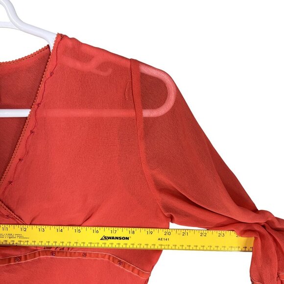 Y2K 90s Babydoll Top Womens L Red Chiffon Blouse 3/4 Bell Sleeve Sheer Ruffle - Picture 9 of 15